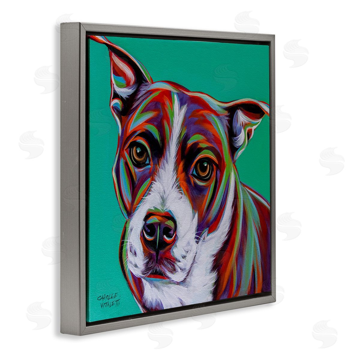 Carolee Vitaletti Cute Dog Looking Portrait Bold Green Pop Style Background  Gray Floating Frame Canvas Wall Art Print