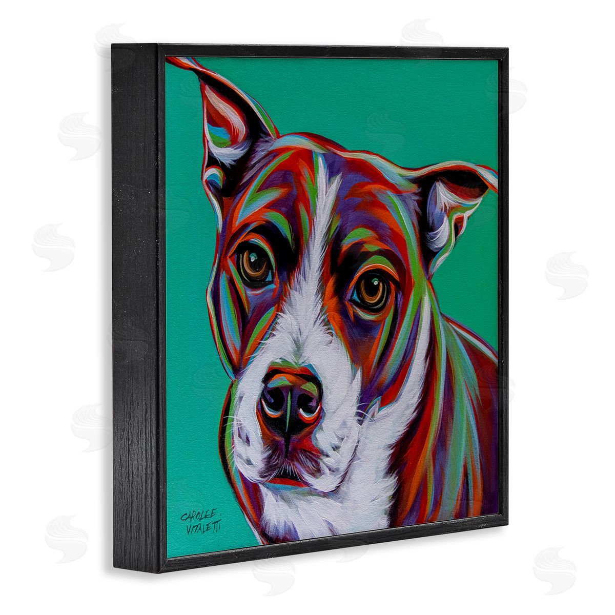 Carolee Vitaletti Cute Dog Looking Portrait Bold Green Pop Style Background  Black Framed Glicee Wall Art Print