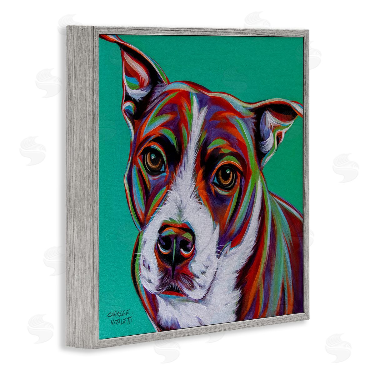 Carolee Vitaletti Cute Dog Looking Portrait Bold Green Pop Style Background  Gray Framed Glicee Wall Art Print
