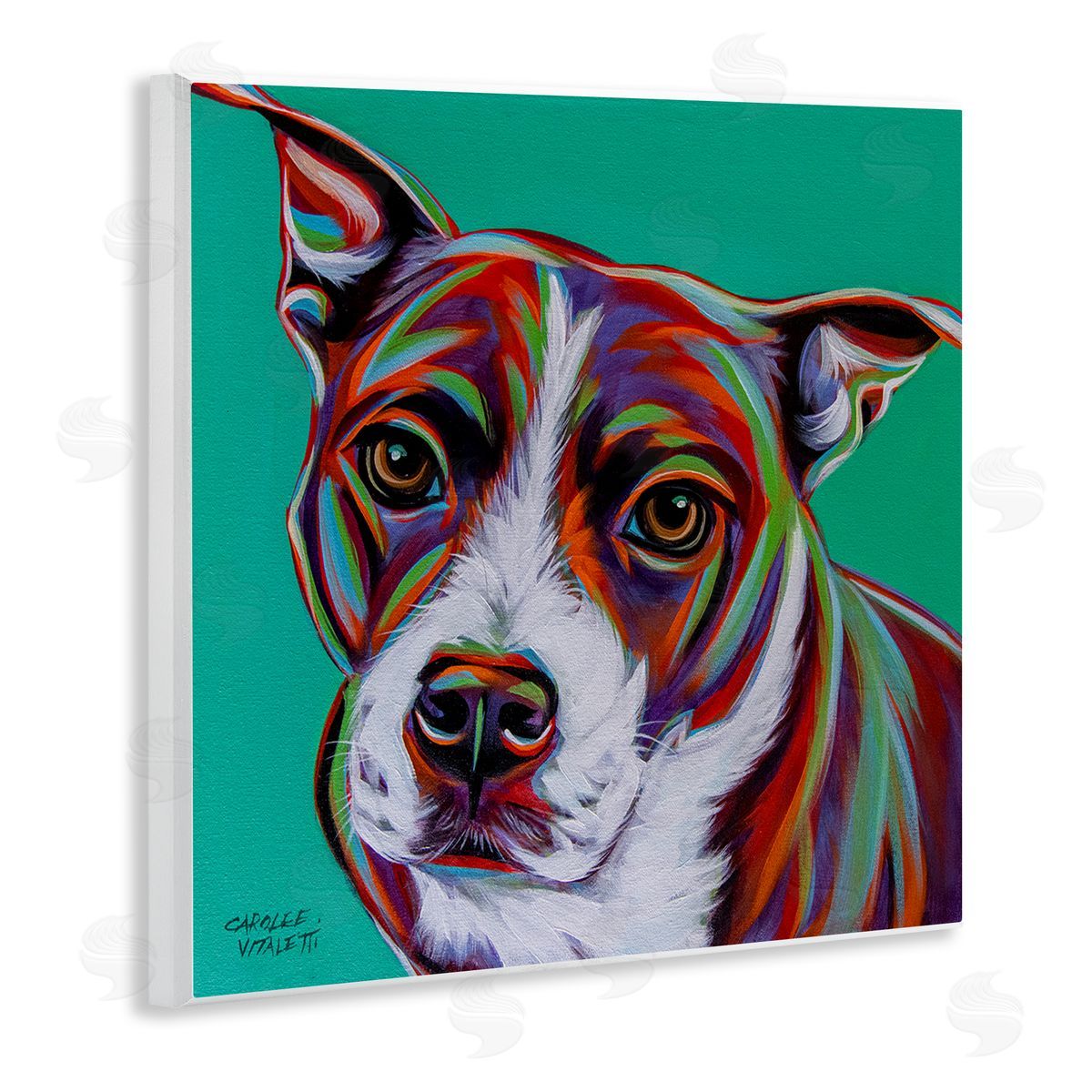 Carolee Vitaletti Cute Dog Looking Portrait Bold Green Pop Style Background  Wooden Wall Plaque Art Print