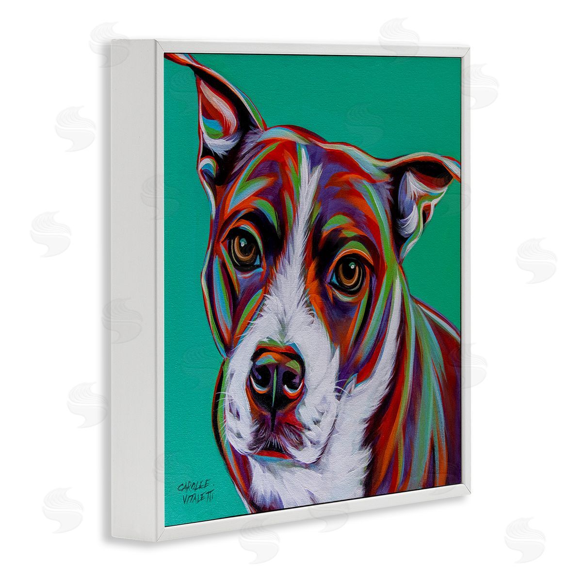Carolee Vitaletti Cute Dog Looking Portrait Bold Green Pop Style Background  White Framed Glicee Wall Art Print