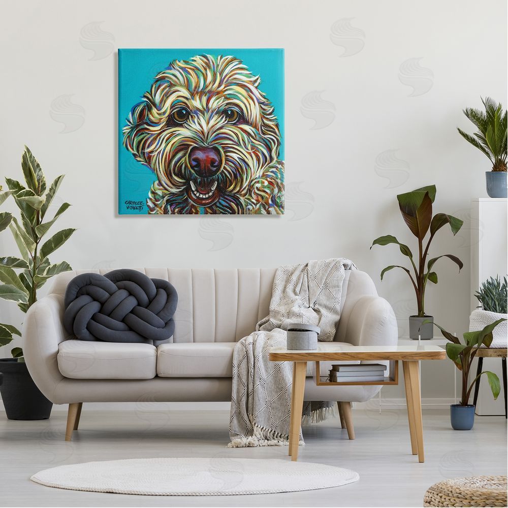 Carolee Vitaletti Blue Pop Style Bright Bold Shaggy Dog Portrait Canvas Wall Art in Room