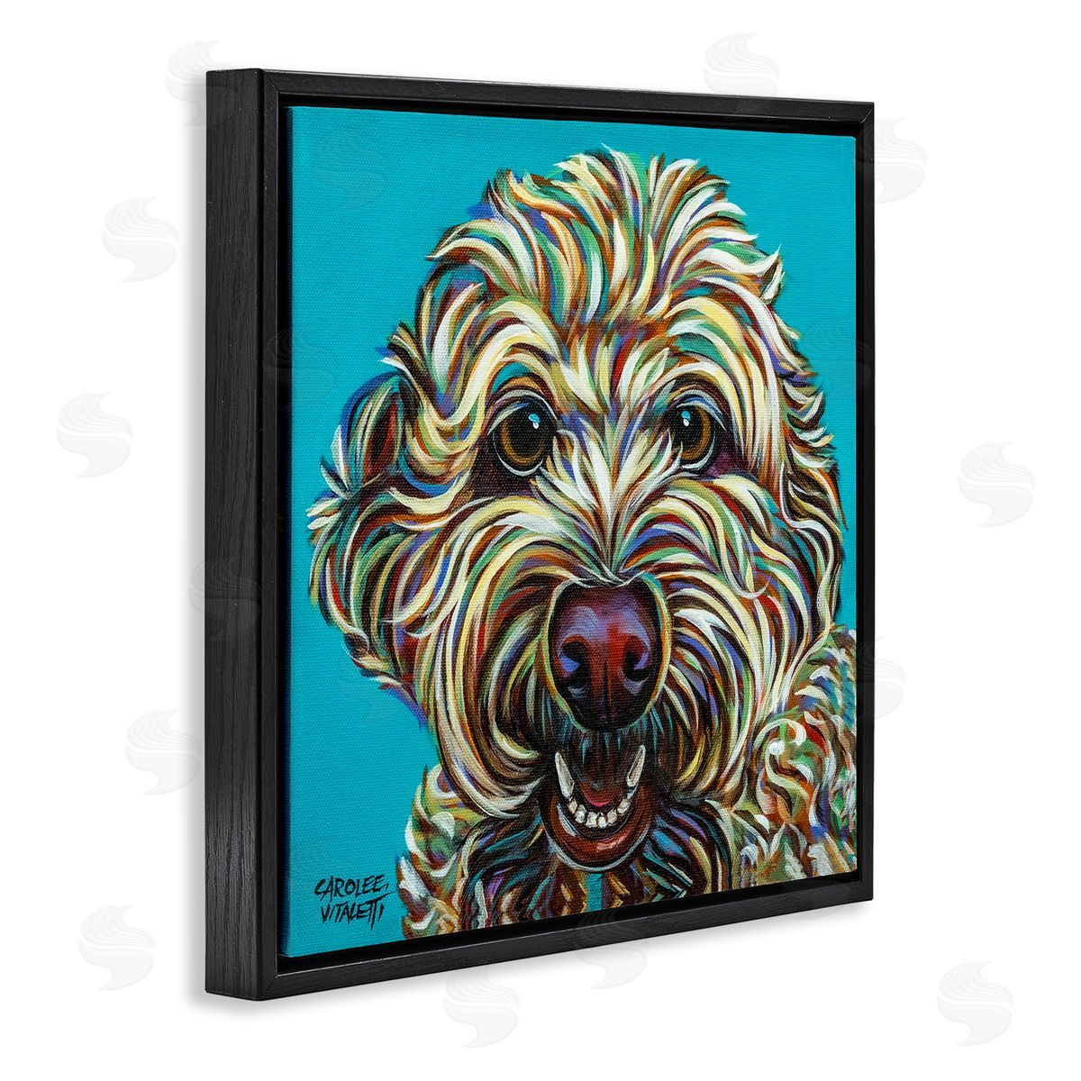Carolee Vitaletti Blue Pop Style Bright Bold Shaggy Dog Portrait Black Floating Frame Canvas Wall Art Print