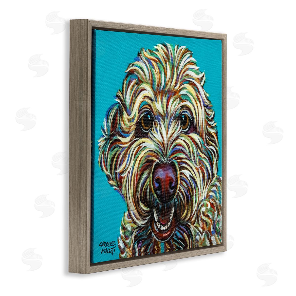 Carolee Vitaletti Blue Pop Style Bright Bold Shaggy Dog Portrait Brown Floating Frame Canvas Wall Art Print