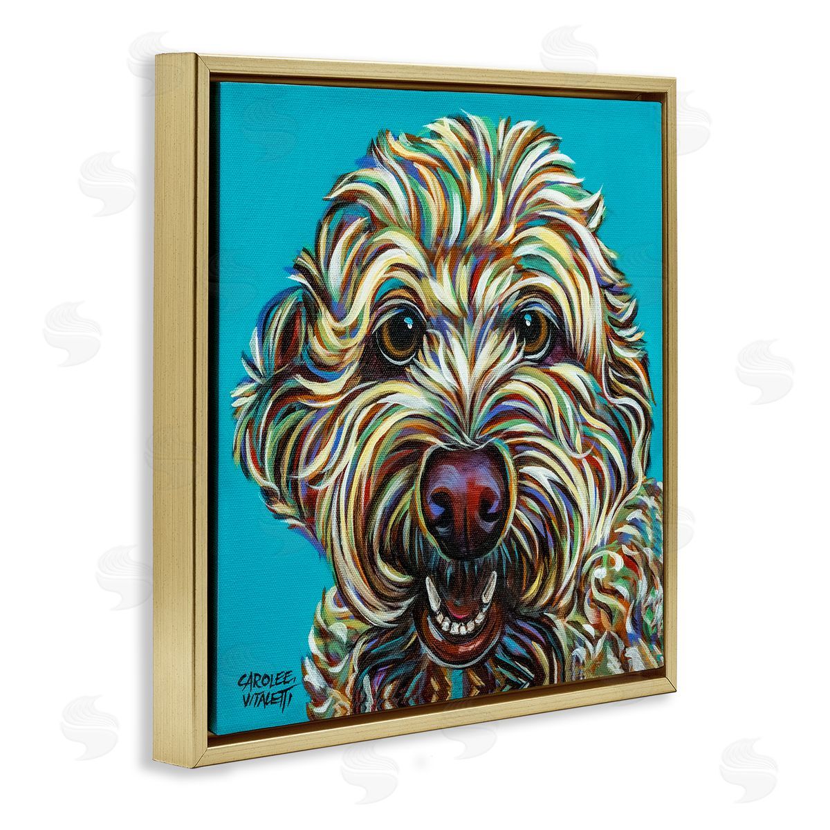 Carolee Vitaletti Blue Pop Style Bright Bold Shaggy Dog Portrait Gold Floating Frame Canvas Wall Art Print