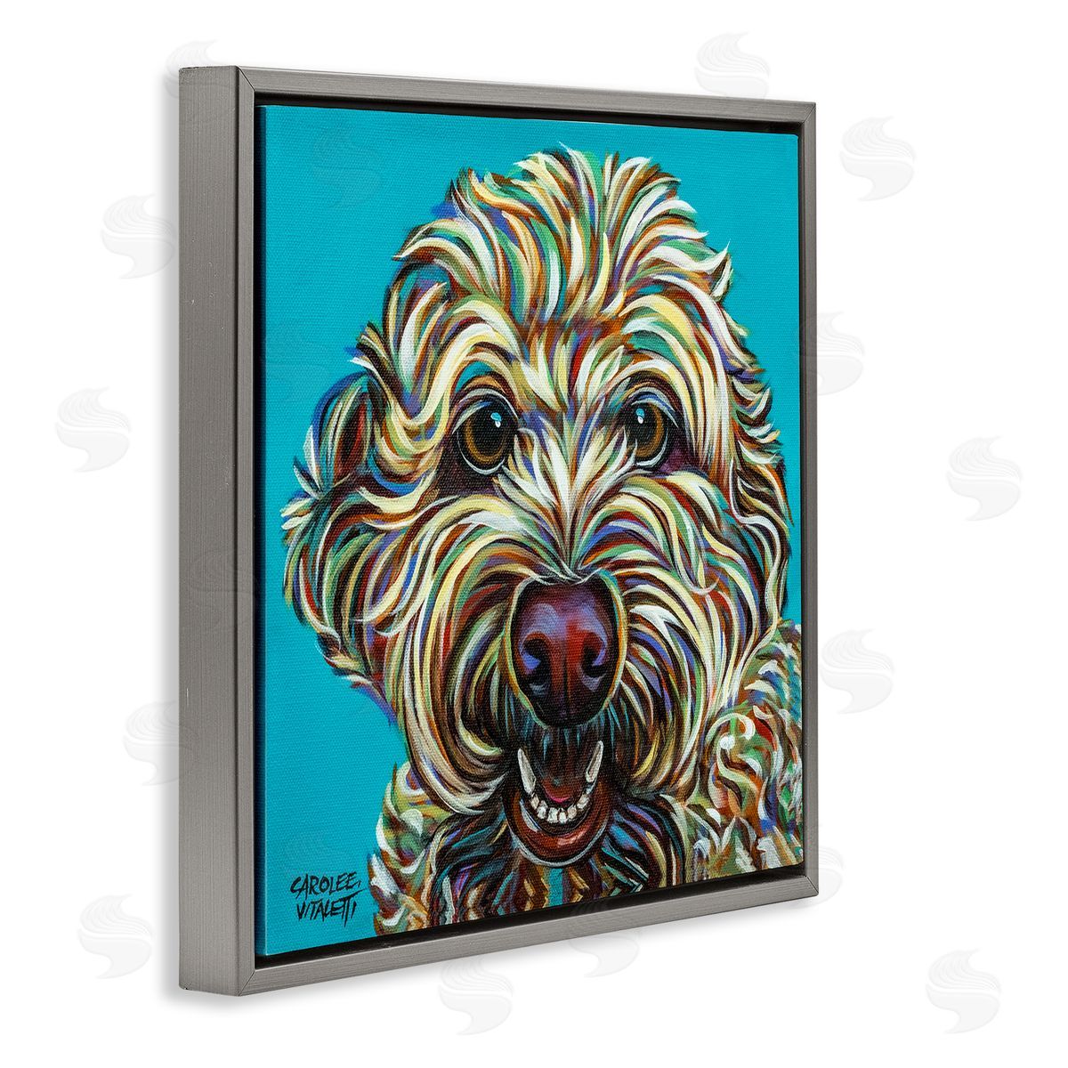 Carolee Vitaletti Blue Pop Style Bright Bold Shaggy Dog Portrait Gray Floating Frame Canvas Wall Art Print