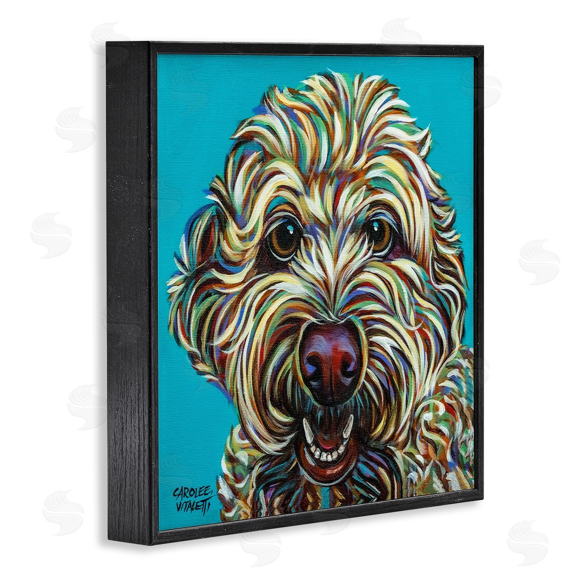 Carolee Vitaletti Blue Pop Style Bright Bold Shaggy Dog Portrait Black Framed Glicee Wall Art Print