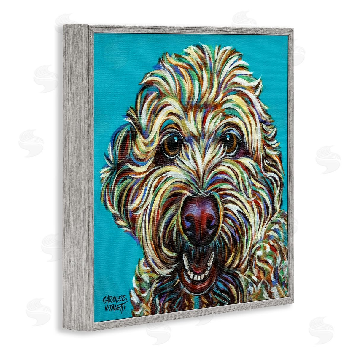 Carolee Vitaletti Blue Pop Style Bright Bold Shaggy Dog Portrait Gray Framed Glicee Wall Art Print
