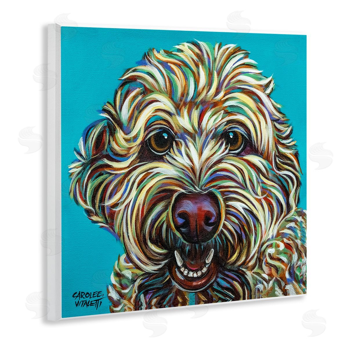 Carolee Vitaletti Blue Pop Style Bright Bold Shaggy Dog Portrait Wooden Wall Plaque Art Print