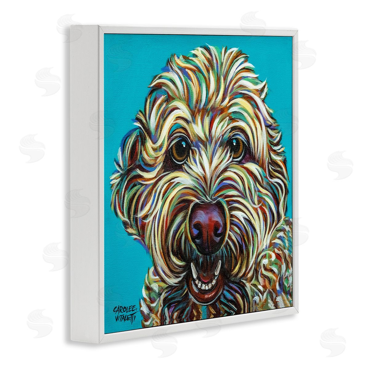 Carolee Vitaletti Blue Pop Style Bright Bold Shaggy Dog Portrait White Framed Glicee Wall Art Print