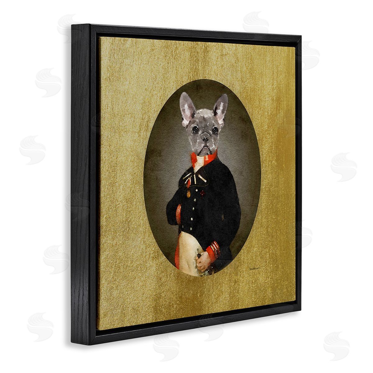 Amanda Greenwood Antique Style Dog Portrait Wearing Military Suit Black Floating Frame Canvas Wall Art Print