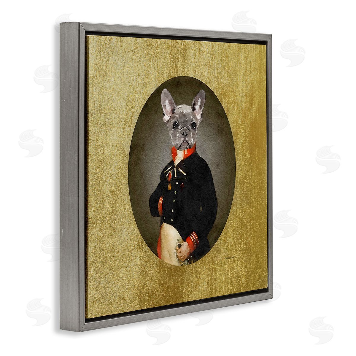 Amanda Greenwood Antique Style Dog Portrait Wearing Military Suit Gray Floating Frame Canvas Wall Art Print