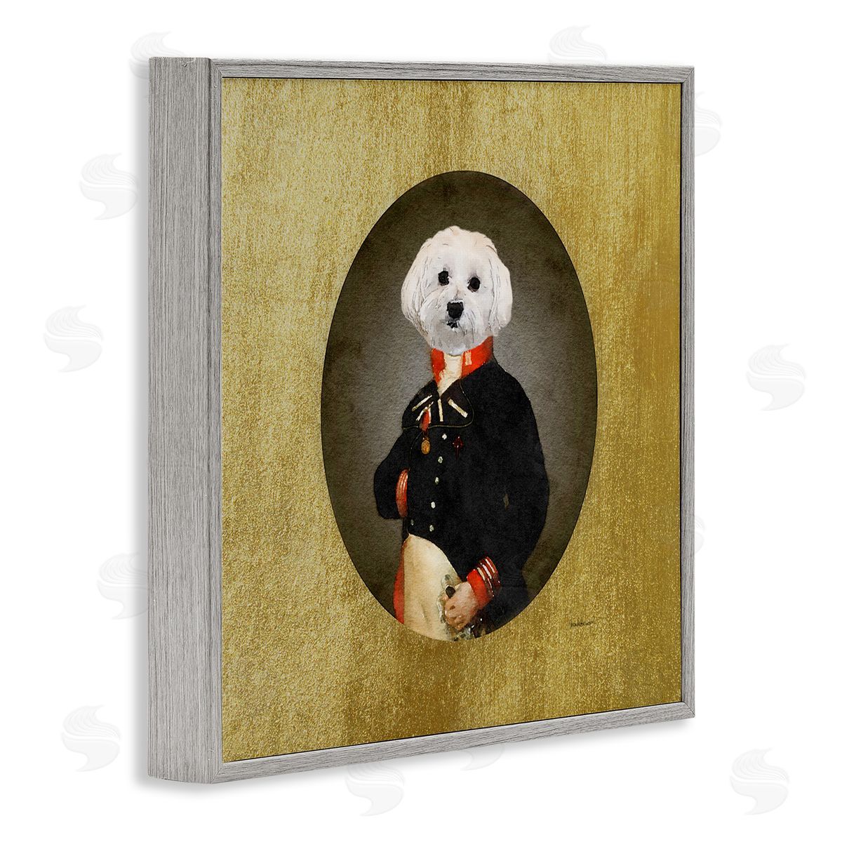 Amanda Greenwood Funny Classic Vintage Style White Dog Wearing Military Uniform Gray Framed Glicee Wall Art Print
