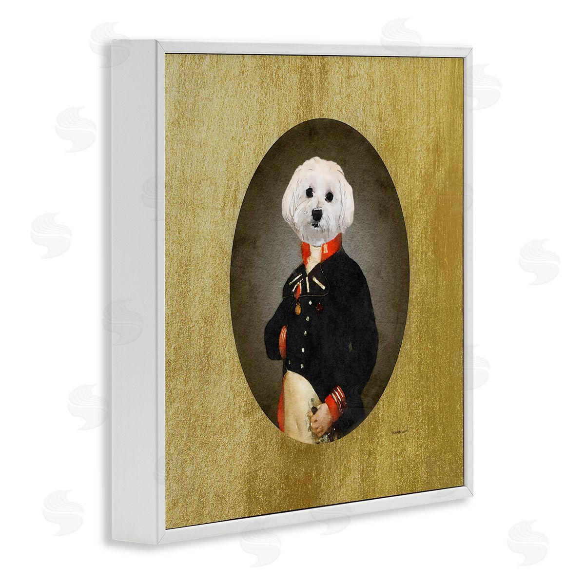 Amanda Greenwood Funny Classic Vintage Style White Dog Wearing Military Uniform White Framed Glicee Wall Art Print