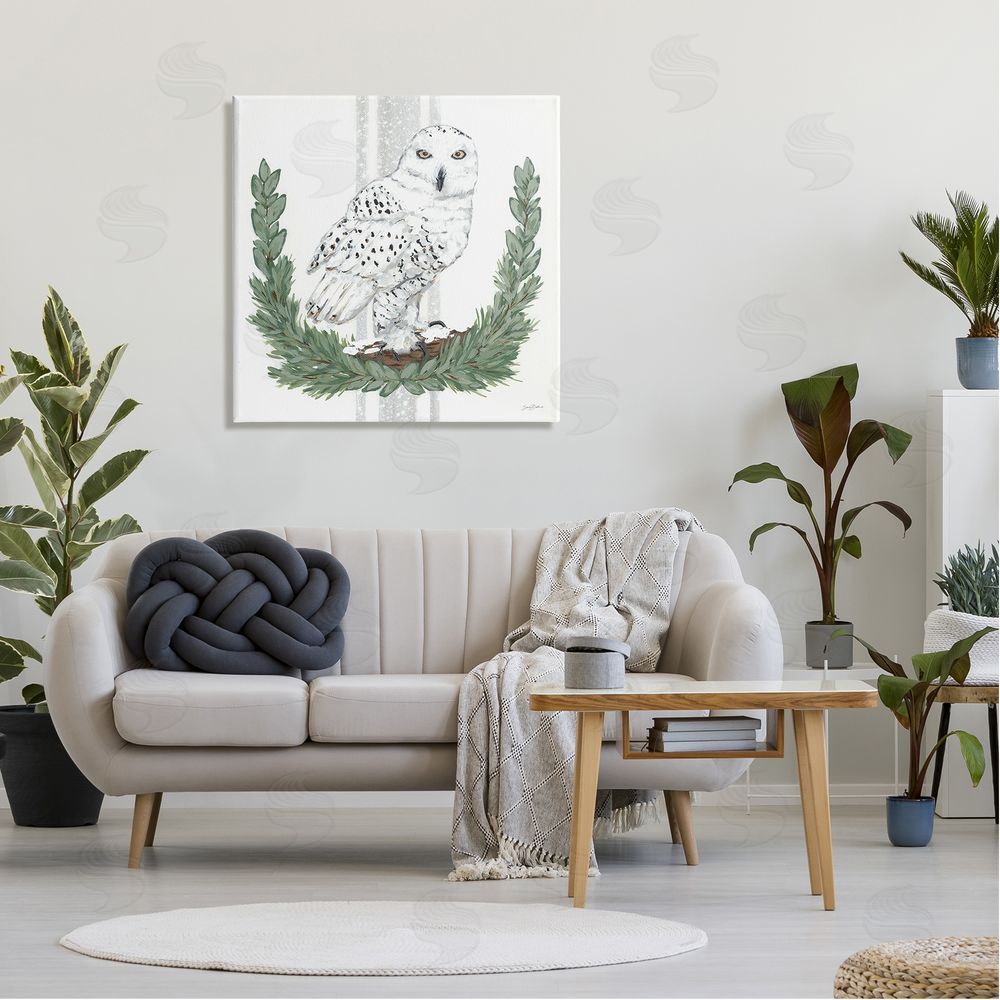 Sara Baker Charming Laurels Surrounding Wise Snowy Owl Illustration  Canvas Wall Art in Room