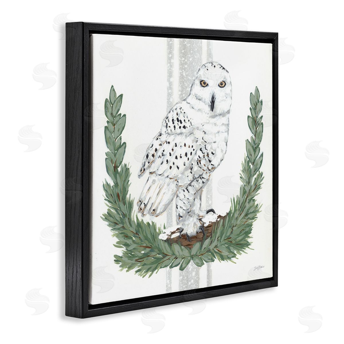 Sara Baker Charming Laurels Surrounding Wise Snowy Owl Illustration  Black Floating Frame Canvas Wall Art Print