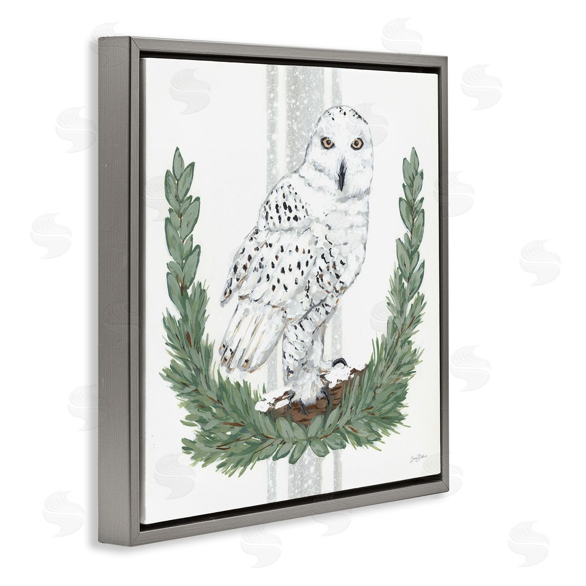 Sara Baker Charming Laurels Surrounding Wise Snowy Owl Illustration  Gray Floating Frame Canvas Wall Art Print