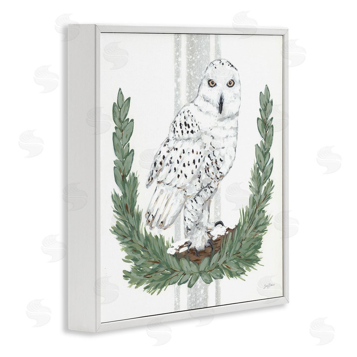 Sara Baker Charming Laurels Surrounding Wise Snowy Owl Illustration  White Framed Glicee Wall Art Print