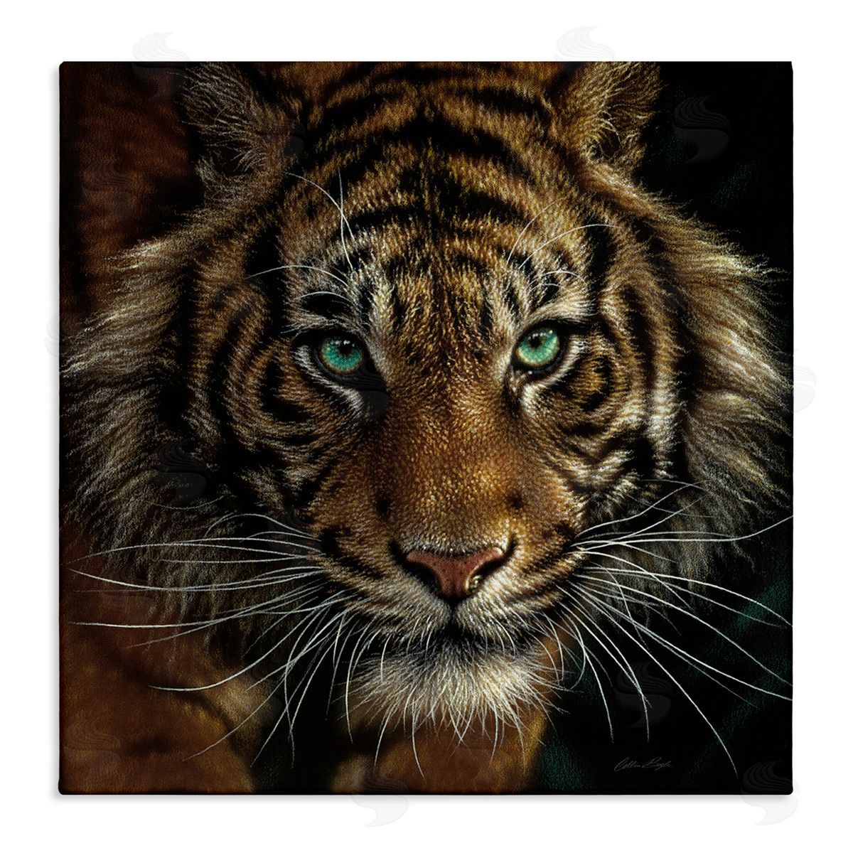 Collin Bogle Fierce Wild Tiger Crouching Green Eyes Detailed Portrait  Stretched Canvas Wall Art Print