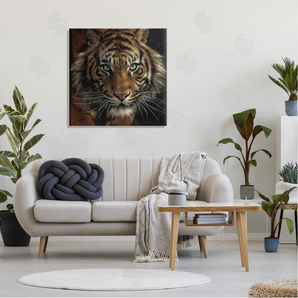Collin Bogle Fierce Wild Tiger Crouching Green Eyes Detailed Portrait  Canvas Wall Art in Room