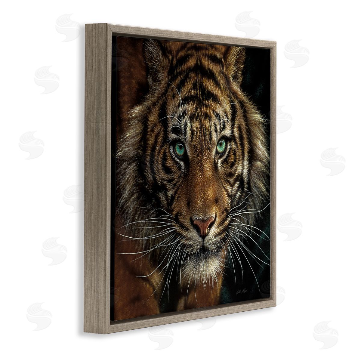 Collin Bogle Fierce Wild Tiger Crouching Green Eyes Detailed Portrait  Brown Floating Frame Canvas Wall Art Print