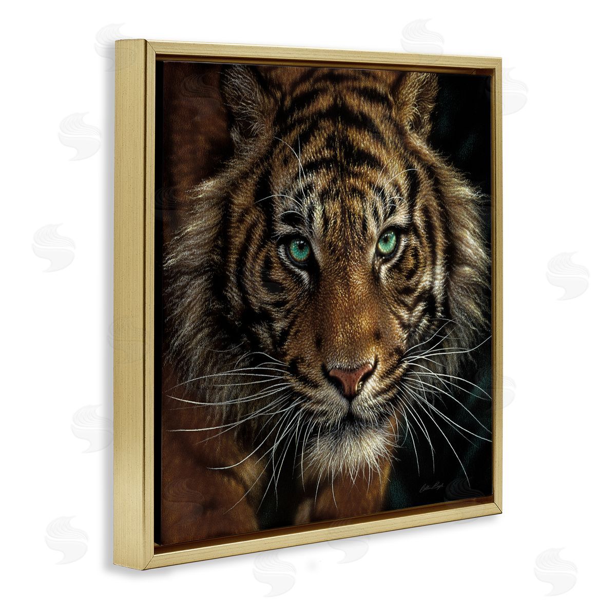 Collin Bogle Fierce Wild Tiger Crouching Green Eyes Detailed Portrait  Gold Floating Frame Canvas Wall Art Print