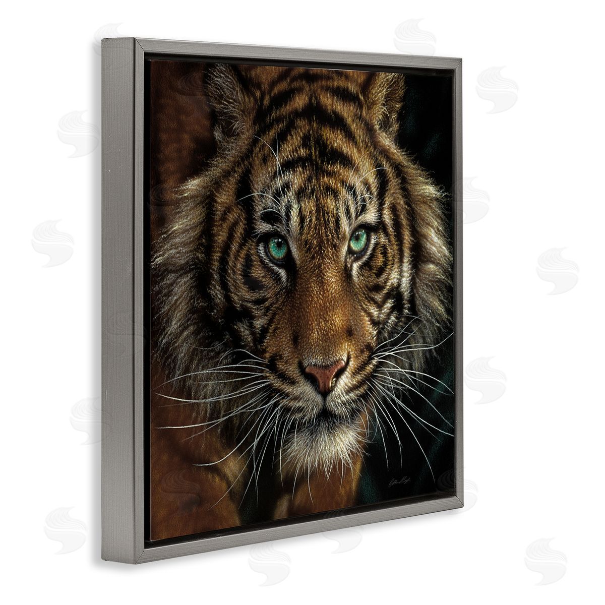 Collin Bogle Fierce Wild Tiger Crouching Green Eyes Detailed Portrait  Gray Floating Frame Canvas Wall Art Print