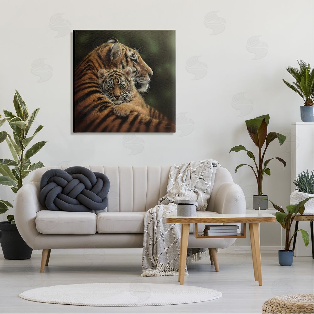 Collin Bogle Adorable Sweet Mom Tiger Holding Baby Cub Detailed Portrait  Canvas Wall Art in Room