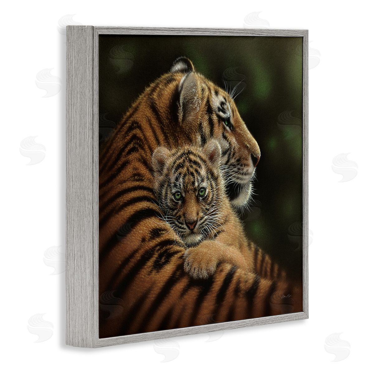 Collin Bogle Adorable Sweet Mom Tiger Holding Baby Cub Detailed Portrait  Gray Framed Glicee Wall Art Print