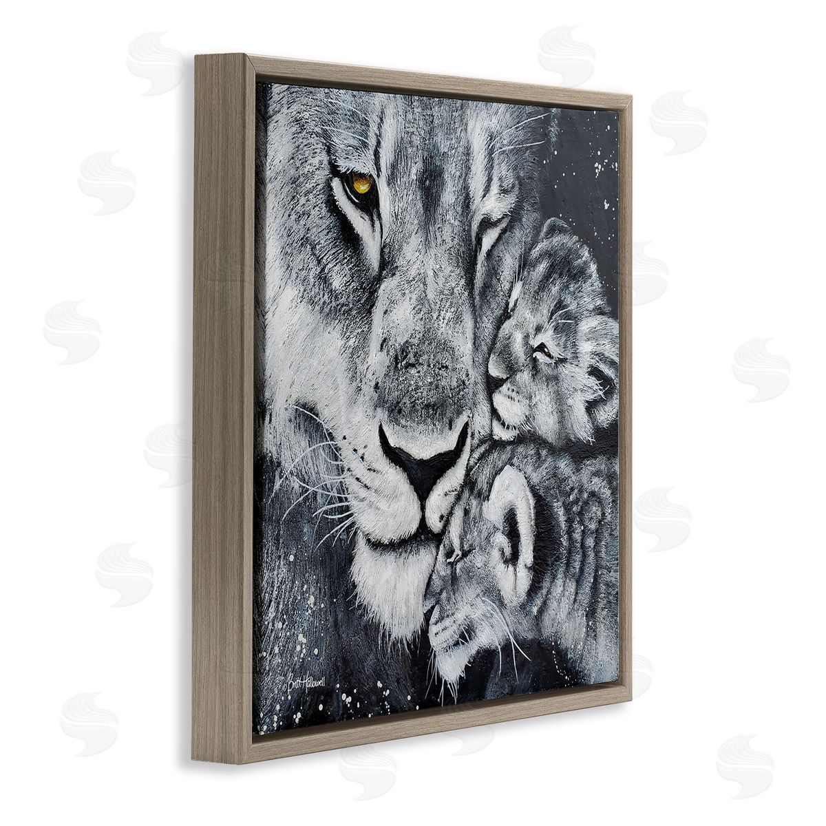 Britt Hallowell Loving Baby Tigers Cuddling Mother Monochrome Portrait  Brown Floating Frame Canvas Wall Art Print