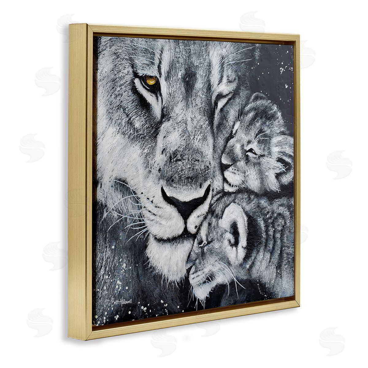 Britt Hallowell Loving Baby Tigers Cuddling Mother Monochrome Portrait  Gold Floating Frame Canvas Wall Art Print