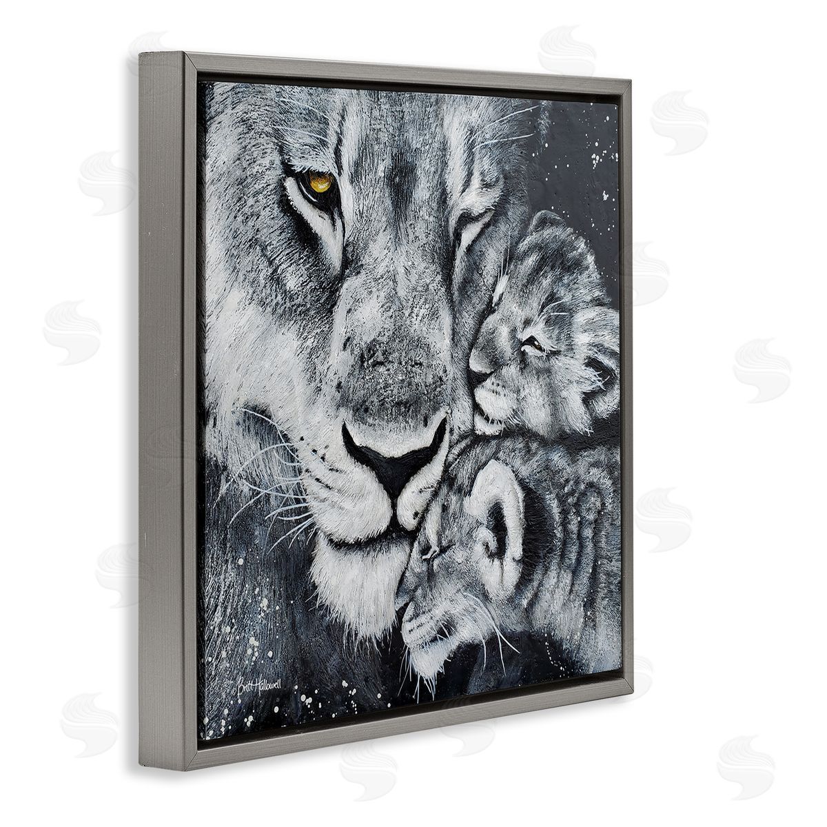 Britt Hallowell Loving Baby Tigers Cuddling Mother Monochrome Portrait  Gray Floating Frame Canvas Wall Art Print