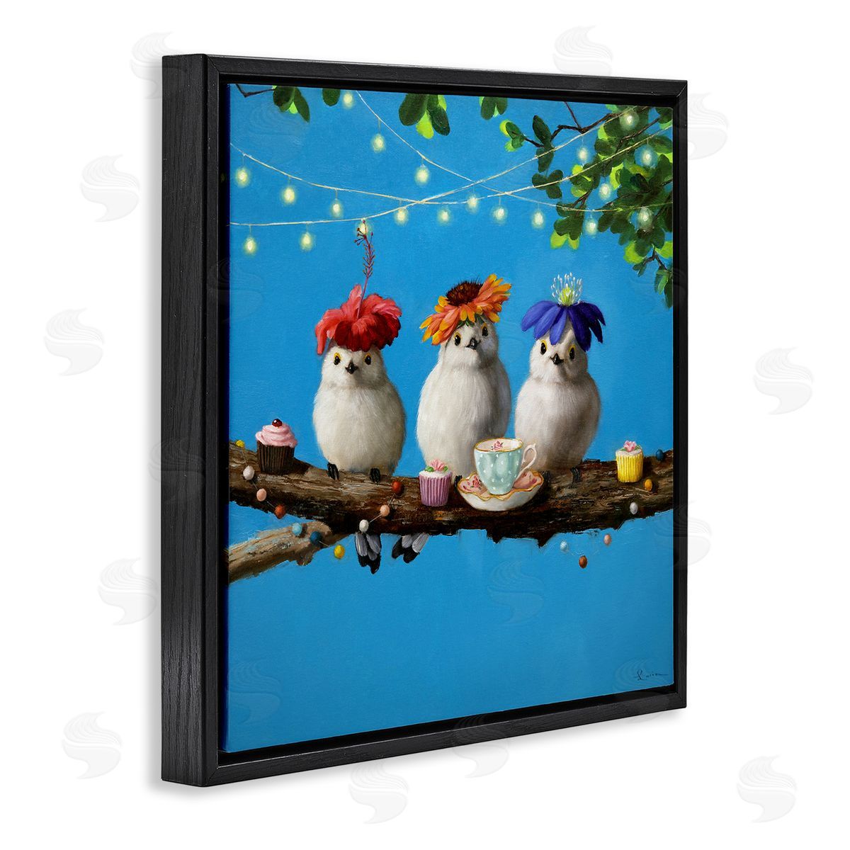 Lucia Heffernan Floral Birds Relaxing Teatime Cupcakes Tree Branch Black Floating Frame Canvas Wall Art Print