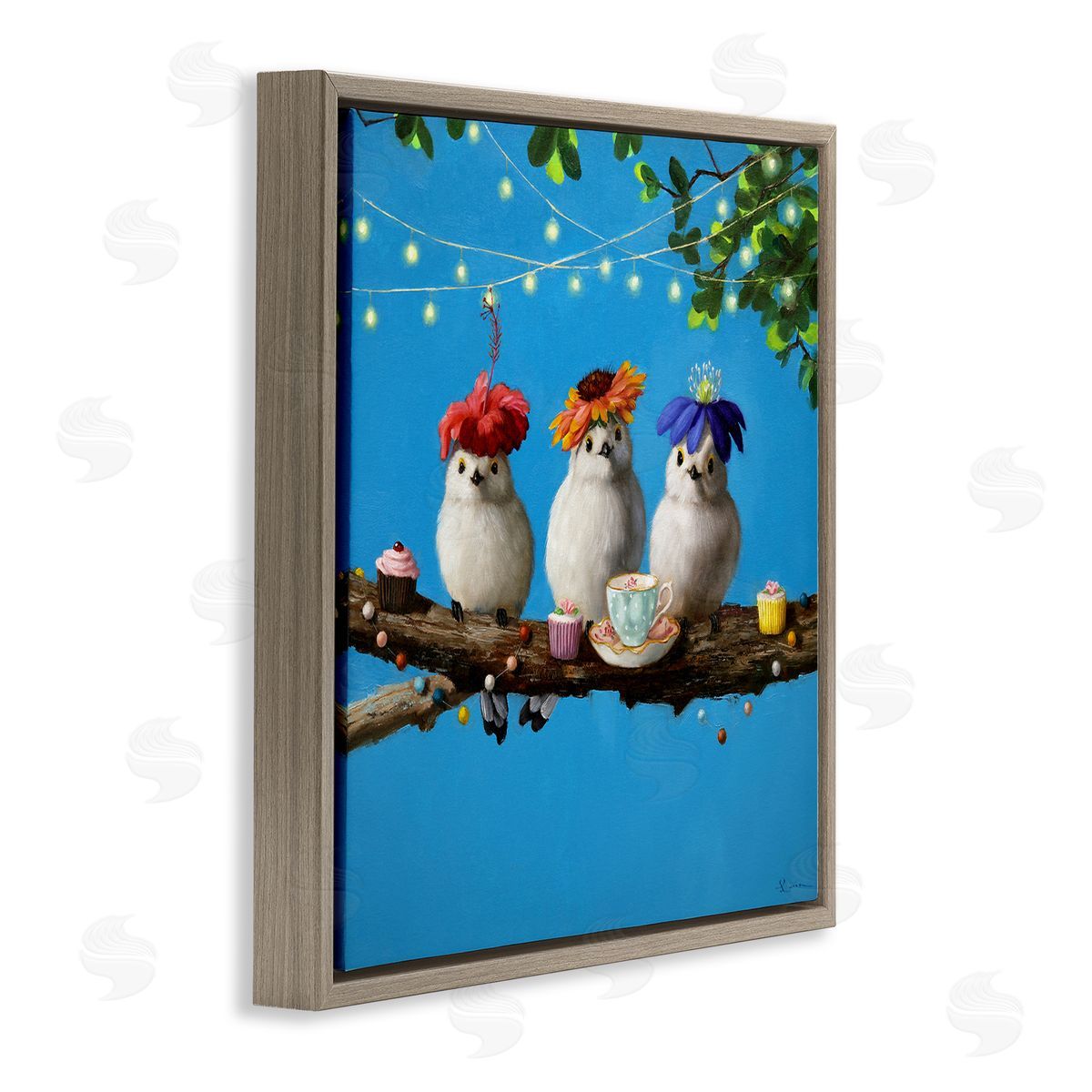 Lucia Heffernan Floral Birds Relaxing Teatime Cupcakes Tree Branch Brown Floating Frame Canvas Wall Art Print