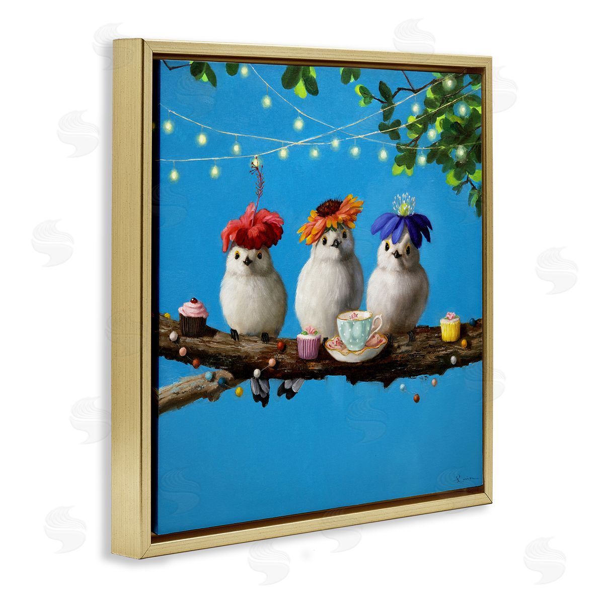 Lucia Heffernan Floral Birds Relaxing Teatime Cupcakes Tree Branch Gold Floating Frame Canvas Wall Art Print