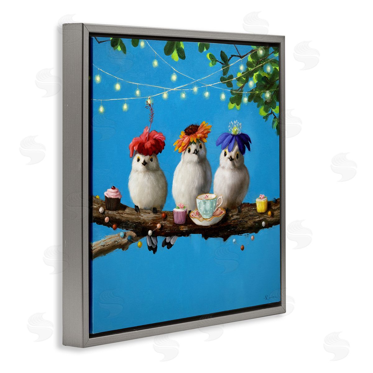 Lucia Heffernan Floral Birds Relaxing Teatime Cupcakes Tree Branch Gray Floating Frame Canvas Wall Art Print
