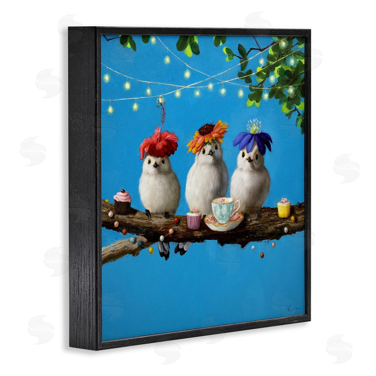 Lucia Heffernan Floral Birds Relaxing Teatime Cupcakes Tree Branch Black Framed Glicee Wall Art Print