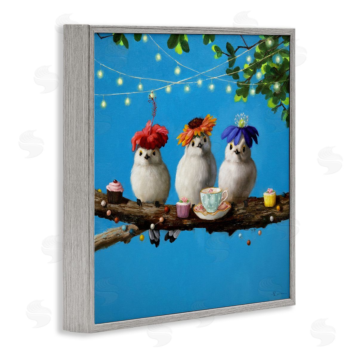 Lucia Heffernan Floral Birds Relaxing Teatime Cupcakes Tree Branch Gray Framed Glicee Wall Art Print