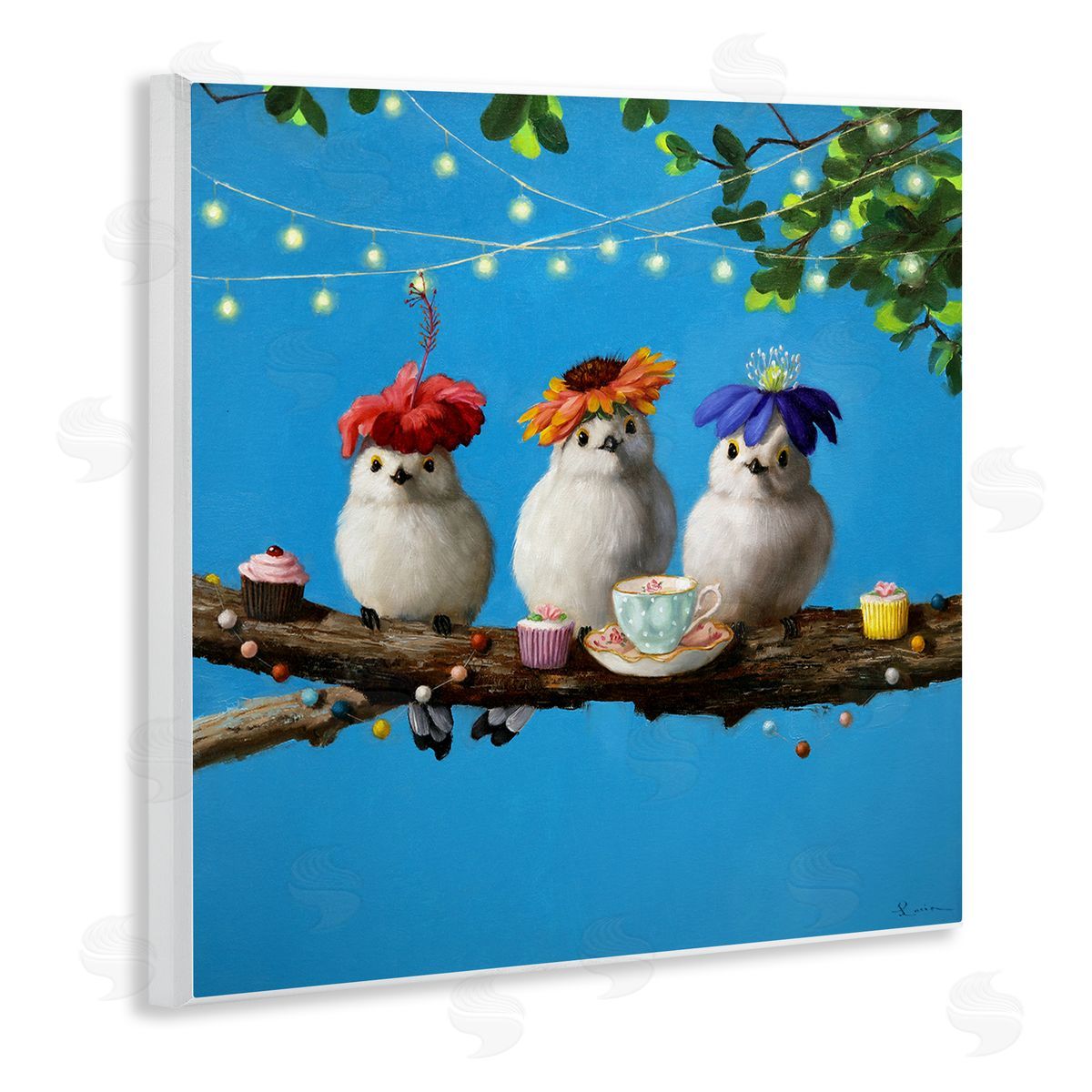 Lucia Heffernan Floral Birds Relaxing Teatime Cupcakes Tree Branch Wooden Wall Plaque Art Print