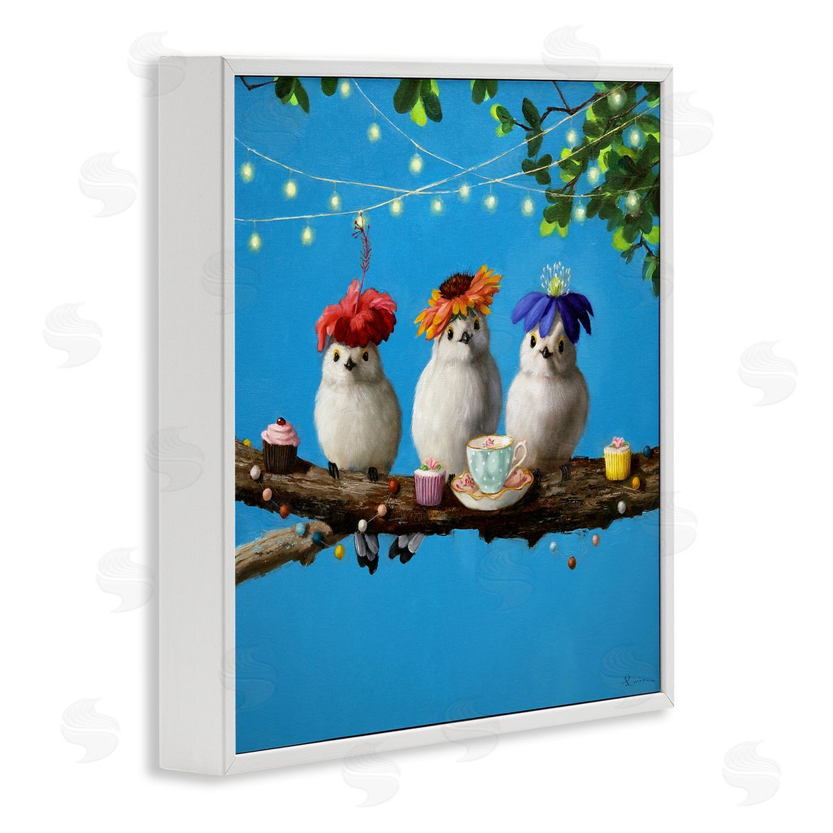 Lucia Heffernan Floral Birds Relaxing Teatime Cupcakes Tree Branch White Framed Glicee Wall Art Print