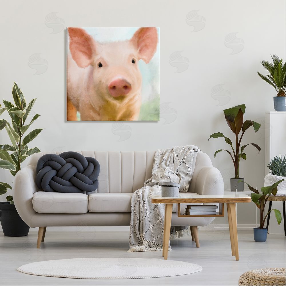 Kim Allen Playful Pink Landrace Pig Closeup Portrait Painting Canvas Wall Art in Room