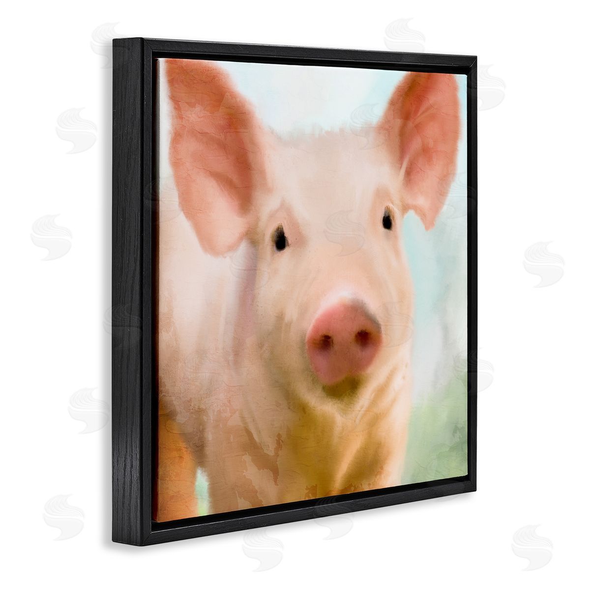 Kim Allen Playful Pink Landrace Pig Closeup Portrait Painting Black Floating Frame Canvas Wall Art Print