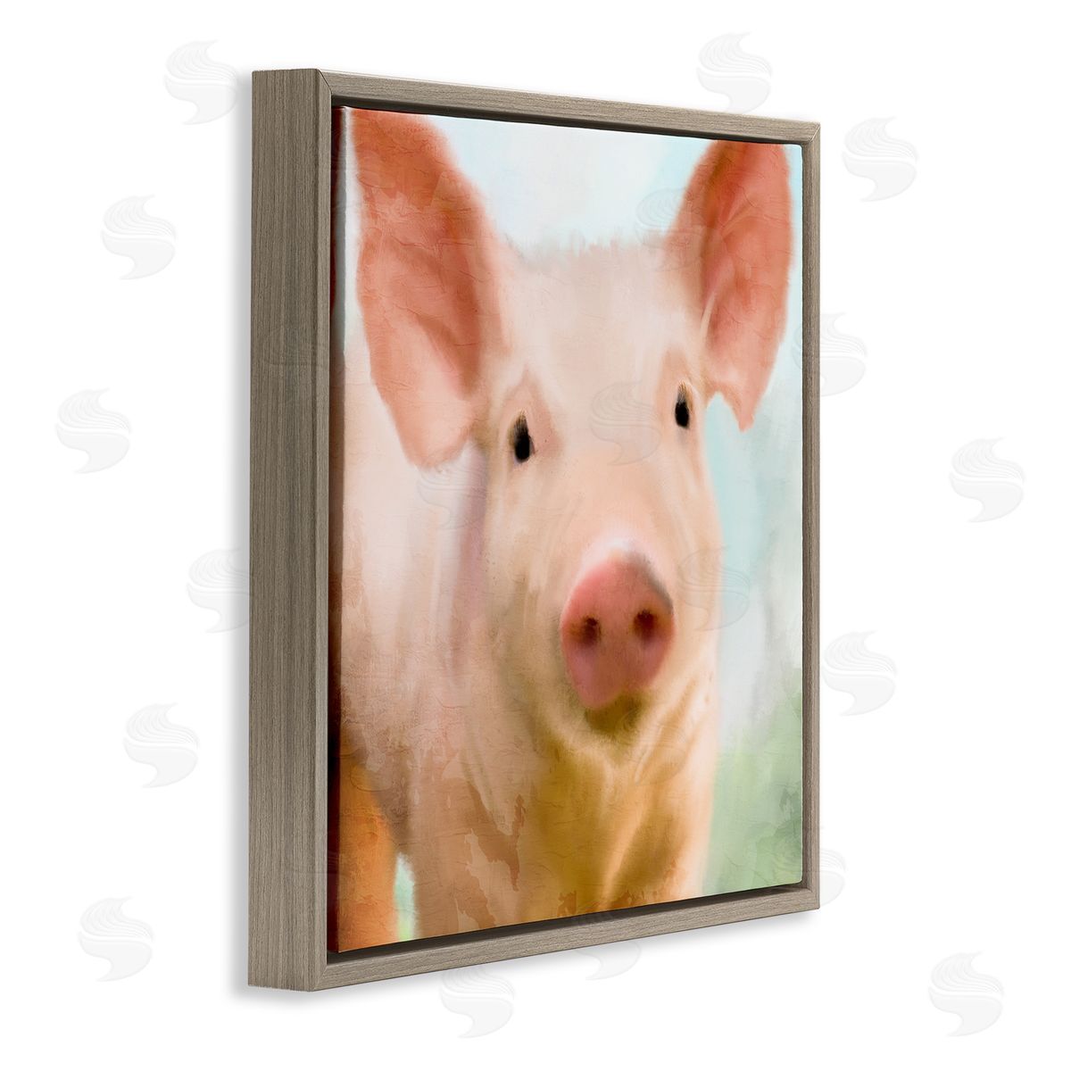 Kim Allen Playful Pink Landrace Pig Closeup Portrait Painting Brown Floating Frame Canvas Wall Art Print