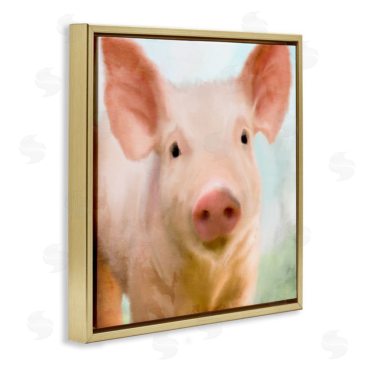Kim Allen Playful Pink Landrace Pig Closeup Portrait Painting Gold Floating Frame Canvas Wall Art Print