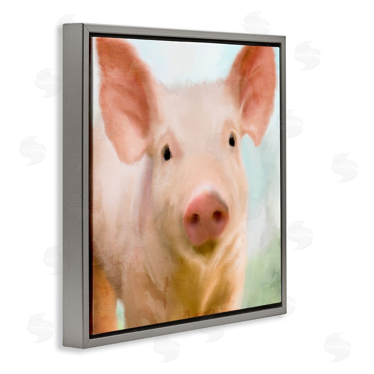 Kim Allen Playful Pink Landrace Pig Closeup Portrait Painting Gray Floating Frame Canvas Wall Art Print