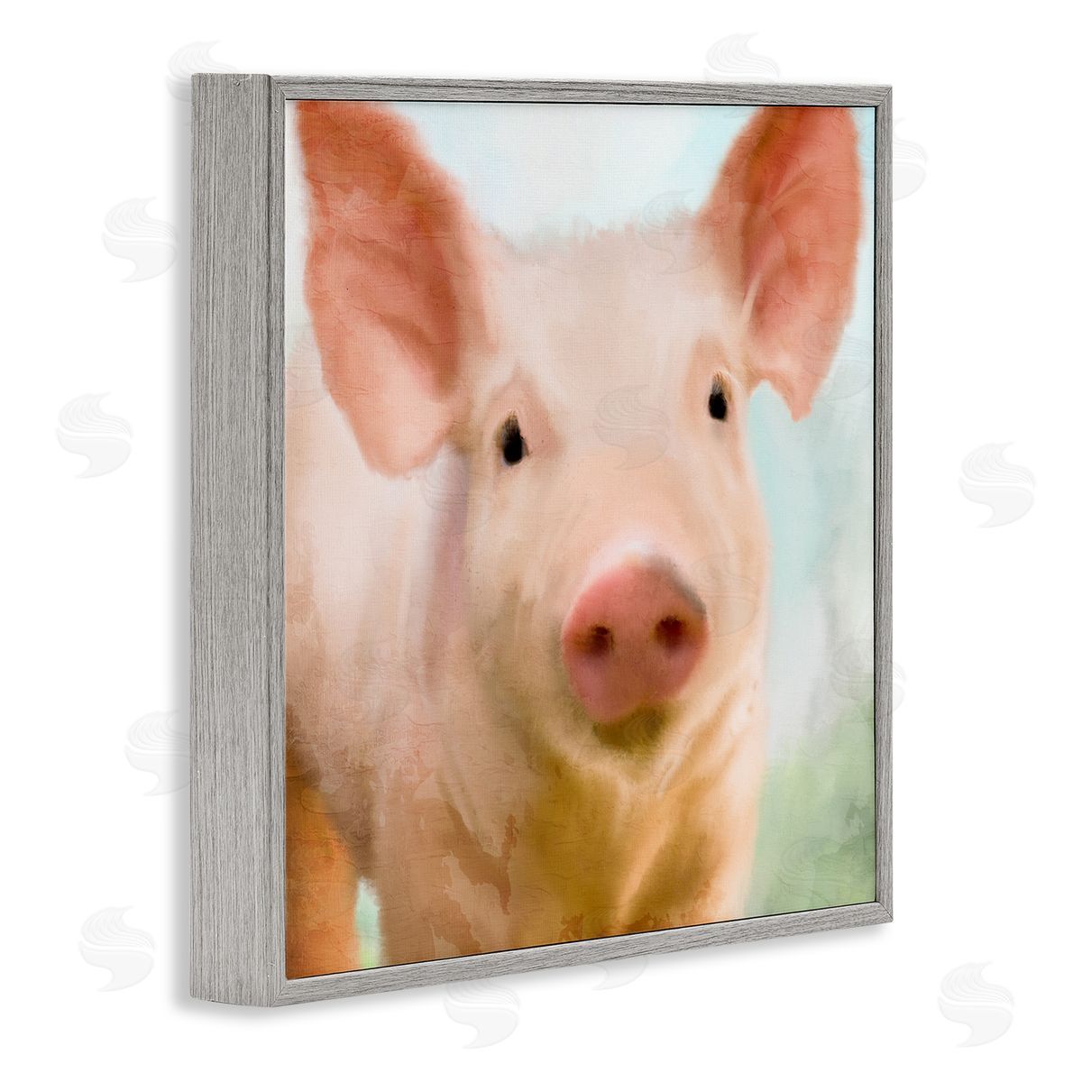 Kim Allen Playful Pink Landrace Pig Closeup Portrait Painting Gray Framed Glicee Wall Art Print