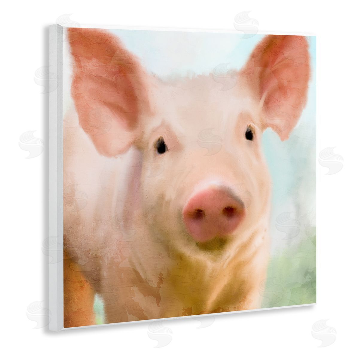 Kim Allen Playful Pink Landrace Pig Closeup Portrait Painting Wooden Wall Plaque Art Print