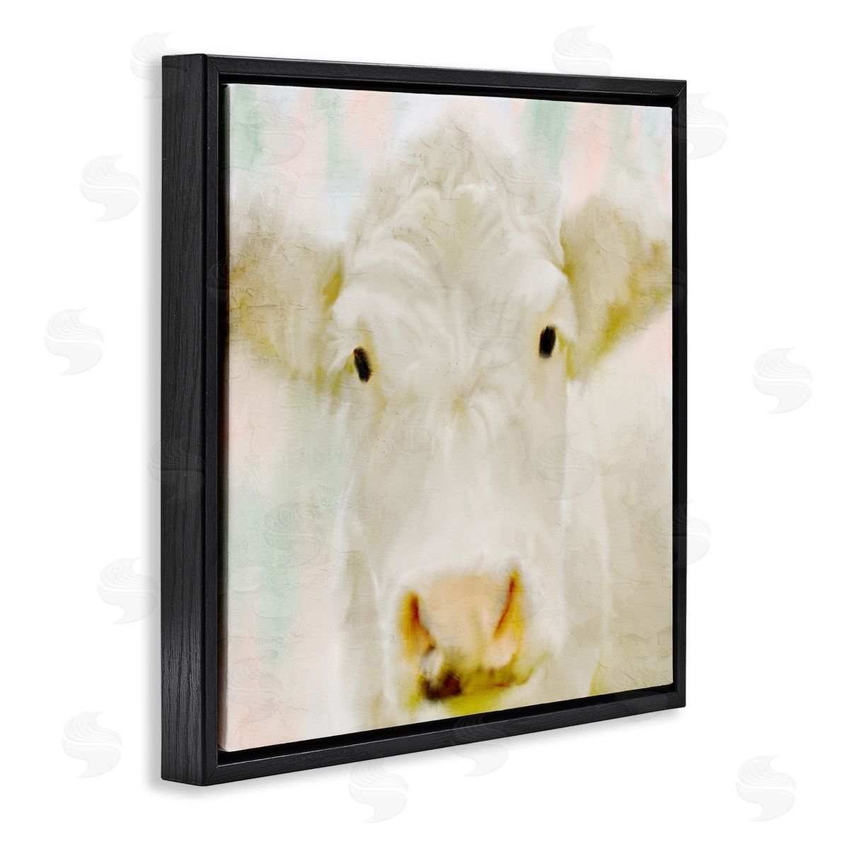 Kim Allen Soft White Cow Cattle Face Closeup Layered Background  Black Floating Frame Canvas Wall Art Print