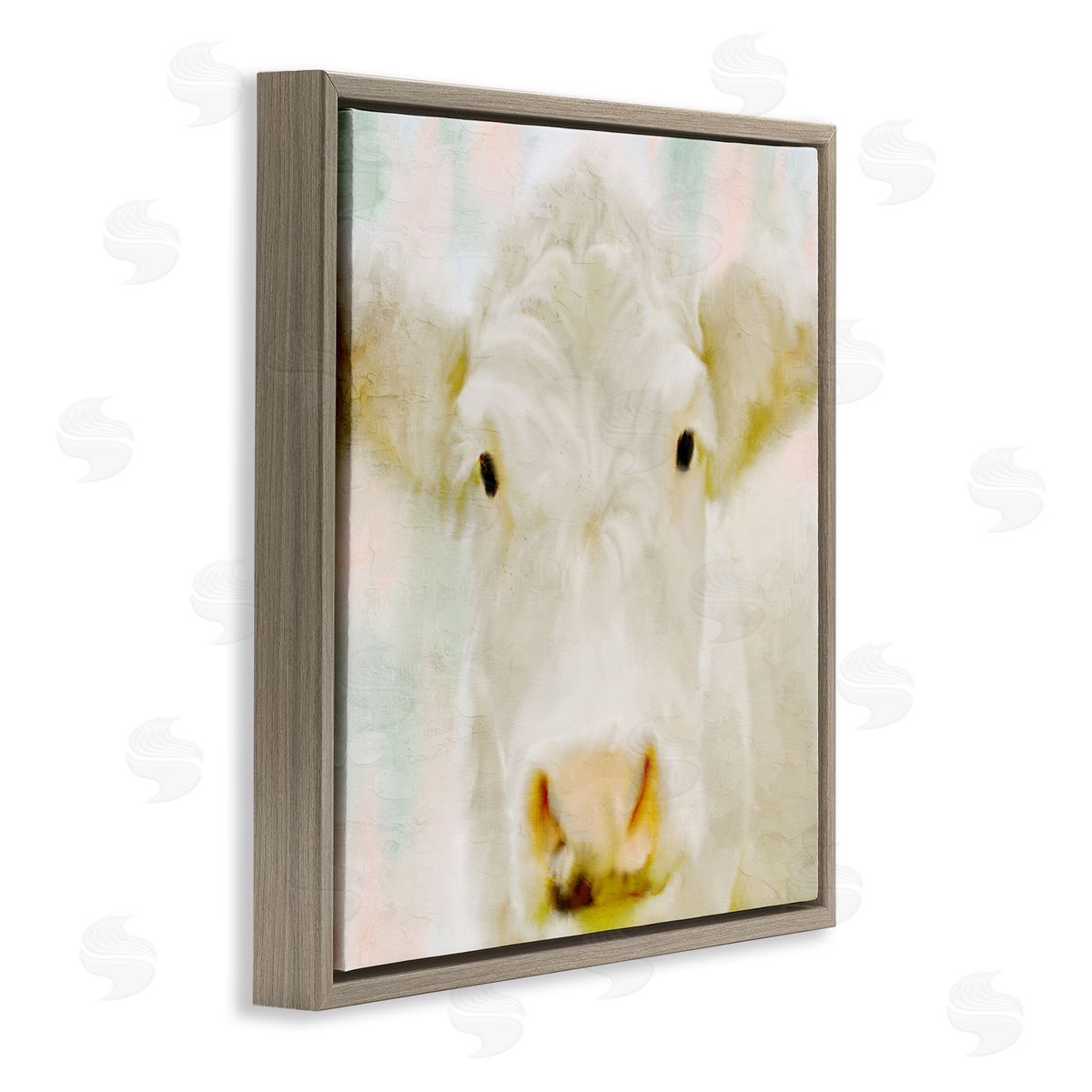 Kim Allen Soft White Cow Cattle Face Closeup Layered Background  Brown Floating Frame Canvas Wall Art Print