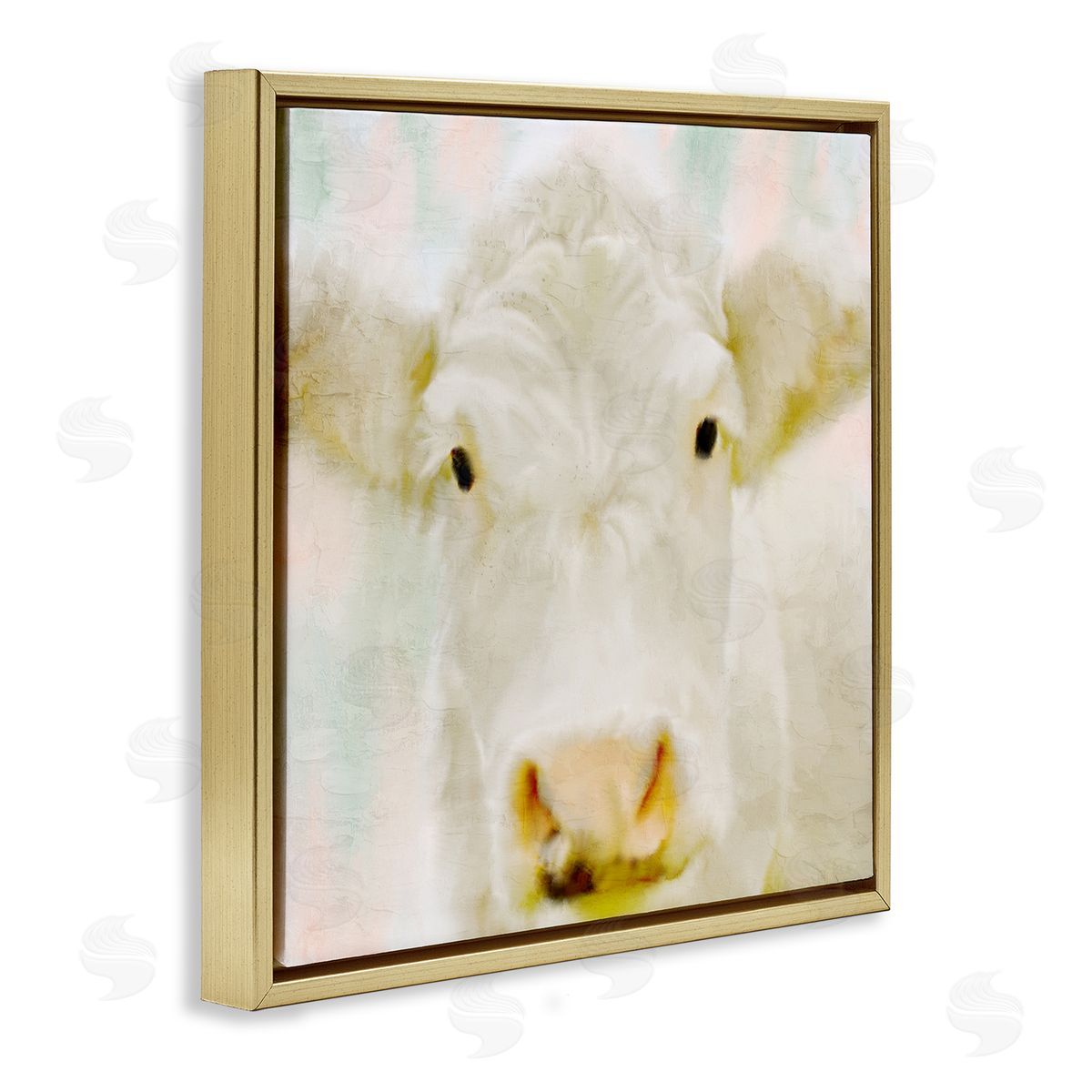 Kim Allen Soft White Cow Cattle Face Closeup Layered Background  Gold Floating Frame Canvas Wall Art Print